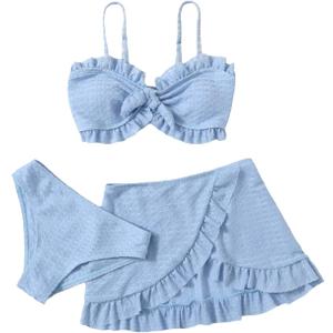 SHENHE Girl's 3 Piece Cute High Waisted Ruffle Trim Swimsuit Bikini Sets with Beach Skirt (Light Blue)