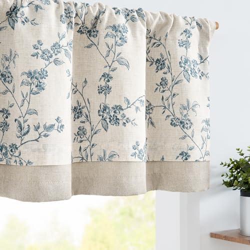 Jinchan Linen Kitchen Valance for Windows 16 Inch Floral Double Layer Valance Living Room Laundry Room Darkening Rustic Cottagecore Farmhouse Flower Window Treatment 2 Panels Blue on Linen