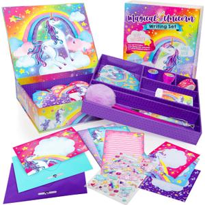 Original Stationery Unicorn Letter Writing Kit - 45-Piece Multi-Color Paper & Sticker Set With Purple Storage Box - Stationery & Letter Paper for Girls