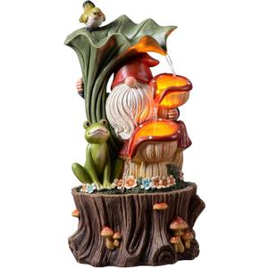 Kalona Gnome Outdoor Waterfall Fountain with LED Lights, Resin Tree Stump Waterfall Fountain for Patio Balcony Yard, 21" Tall Garden Water Feature 25007