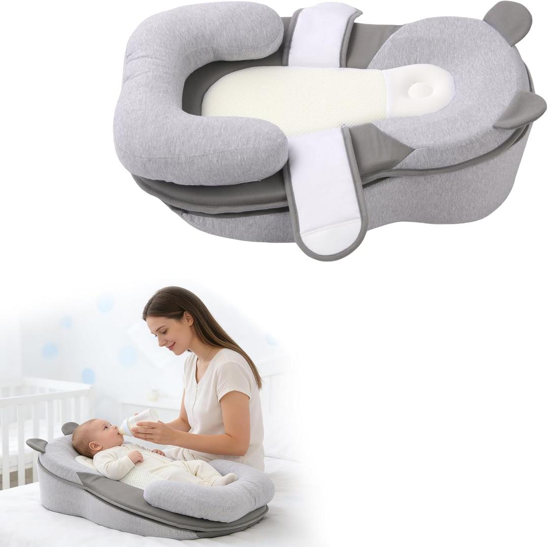 Rootling Baby Feeding Pillow, Anti Overflow Feeding Pillow for Reducing Spit-Up, Safety Nursing Pillow, Baby Lounger Reflux Wedge Breastfeeding, Removable top and Bottom (Gray, Small)