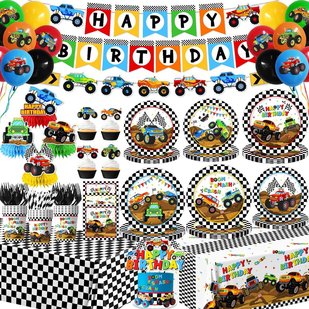Monster Truck Birthday Decorations, Monster Truck Party Supplies include Truck Balloons, Tablecloth, Cake Cupcake Toppers, Plates and Napkins Truck Birthday Decorations for Boys, Serve 24