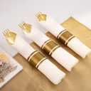 Supernal Pre Rolled Napkin with Gold Plastic Silverware Set of 5 pack, Disposable Gold Silverware with Linen Napkin, Heavy Weight, Wrapped Plastic Silverware Suit for Wedding, Catering Event, Party