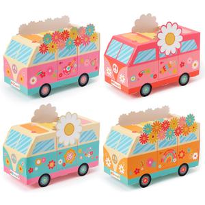 ANGOLIO 12Pcs Groovy Party Favor Boxes Groovy Hippie Peace Bus Centerpiece Birthday Party Decorations Peace Signs Daisies Rainbows for Baby Girls Kids Boho Hippie Birthday Decoration Supplies