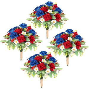 4 Bundles 4th of July Artificial Rose Patriotic Faux Fake Red White Blue Flowers Bouquet with Ribbon for Independence Day Memorial Day Farmhouse Table Centerpiece Floral Vase Home