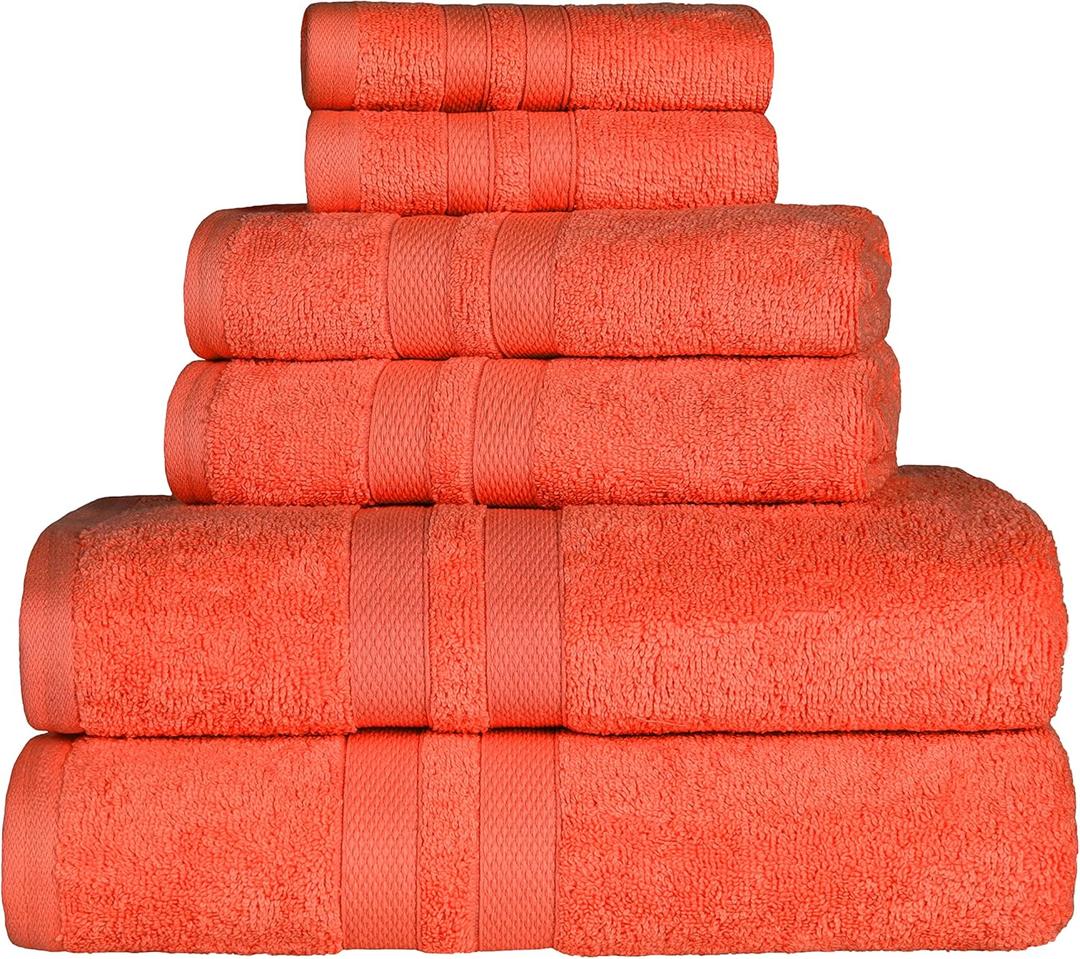 Superior Ultra-Soft 6-Piece Cotton Towel Set, Includes 2 Bath Towels, 2 Hand Towels, and 2 Washcloths for Bathroom, Guest Room, Quick Dry, Daily Use Home Essential Towels - Tangerine