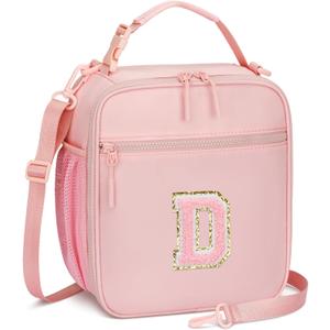 Initial Insulated Lunch Bag for Girls Kids, Back to School Gift, Reusable Leak-proof Lunch Box with Adjustable Strap for School Daycare Travel Picnic (Pink,D)