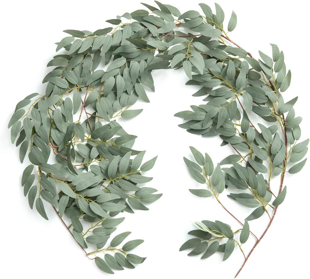 Ling's Moment Italian Ruscus Greenery, 5.9ft Artificial Silk Willow Leaf Garland, Fake Wispy Rustic Vine Stem Swag for Table Centerpieces Wedding Arch Decor, Dusty Green