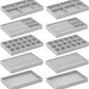 10 Pack Jewelry Organizer Tray Drawer Inserts Stackable Velvet Liner Dividers Customizable Jewellery Box Foam Ring Earring Holder Necklace Bracelet Storage Display Dish Flat in Dresser Vanity (Grey)
