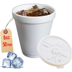 8OZ Foam Cups for Hot & Cold Drinks With Lids, USA-Made 50-Pack - Ideal Styrofoam Coffee Cups, Insulating To-Go Cups for Soda, Tea, Juice - Sturdy, Disposable & comparable to Industry standard 8J8