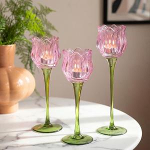 VOHO Pink Tulips Candle Holder, Romantic Pink Flower Votive Candle Holders for Wedding Bridal Shower Decorations, Tall Tealight Candle Holder Decor for Centerpiece Table(Set of3)