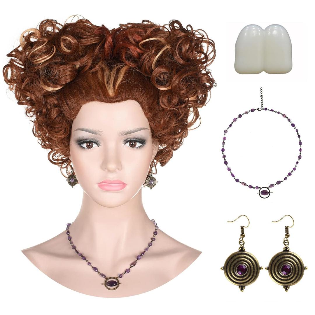 Womens Short Reddish Brown Wig with Necklace Earrings and Teeth Pre-Styled Cosplay Wig for Adults Witch Halloween Party