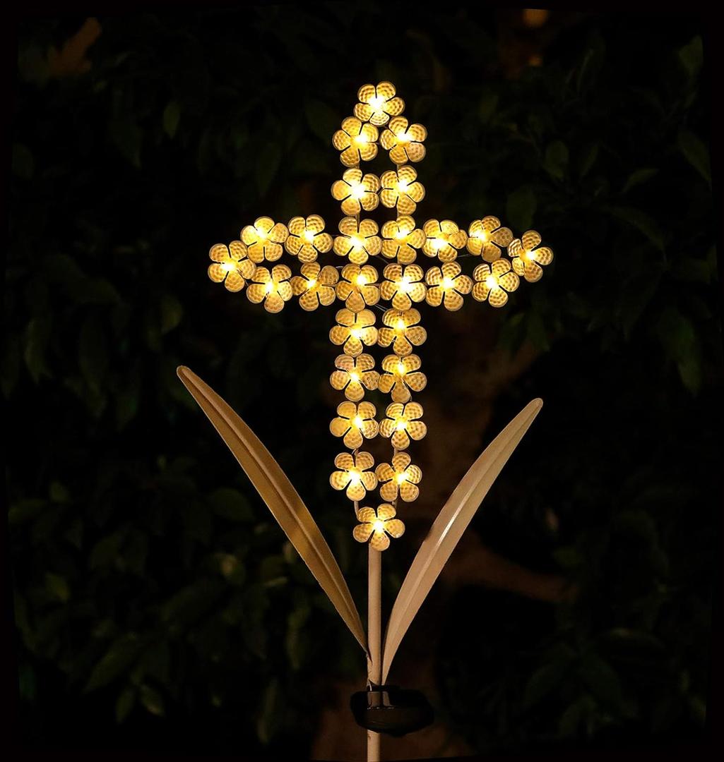 White Cross Garden Stake Solar Lights Metal Hydrangea Cross Stake Memorial Gift w/ 28 LEDs Perfect Sympathy Gifts (10" W x 40" H)