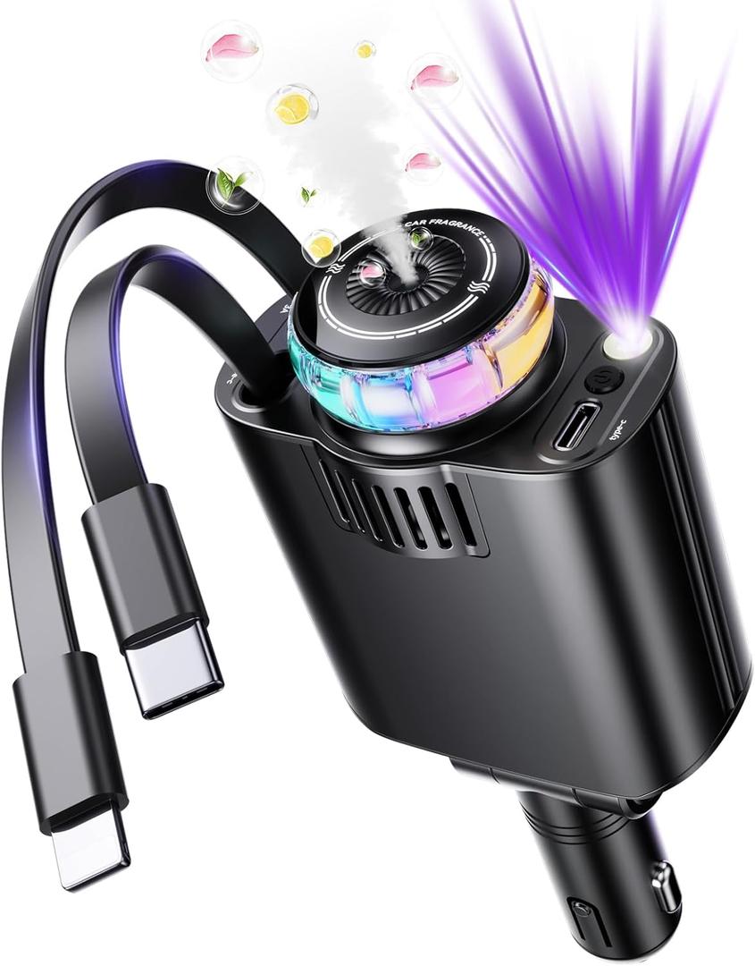 Starlight Retractable Car Charger with Aromatherapy, 5 in 1 Fast Charging 66W Car Phone Charger Adapter, USB C Car Accessories Compatible with iPhone 16/15/14/13/12/11 and Android (Gray)