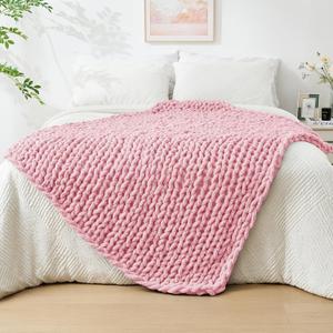 Bigacogo Chunky Knit Throw Blanket for Couch, 40x60 inches, 100% Hand Knitted with Thick Jumbo Chenille Yarn, Cozy Soft Large Rope Knot Cable Crochet Blankets for Sofa Bed Living Room, Blush Pink