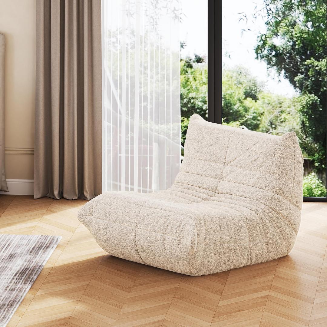WLIVE Bean Bag Chair for Adults, Teddy Fleece Togo Chair, Giant, Memory Foam, for Living Room and Bedroom, Single, Beige
