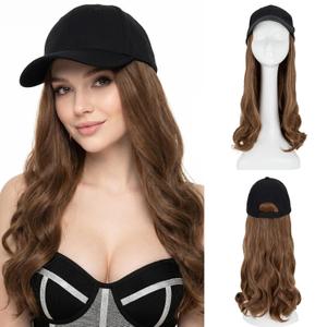 SEGO Baseball Cap with Hair Extensions for Women Heat Resistant Synthetic 2" Adjustable Long Wavy Hairpiece Replacement Wigs in Black Hat for Girls 12A Light Brown