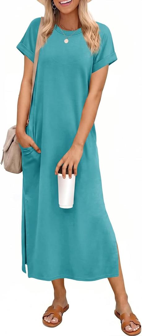 Wenrine Womens Summer Short Sleeve Maxi Dress Casual Loose Sundress Split Vacation Beach Long T Shirt Dress with Pockets, Small, Blue & Green