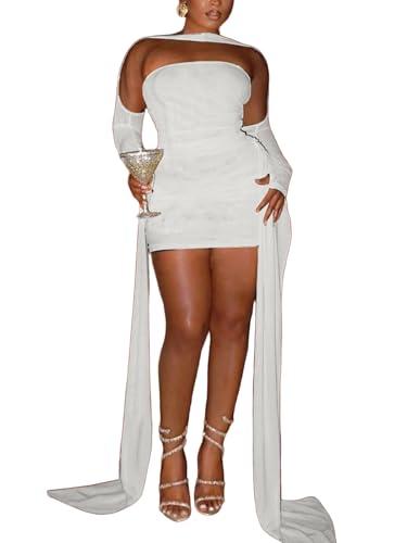 Women Sexy Strapless Tube Top Mesh Layered Mini Dress Bodycon Ruched Side Ribbons Bandage Dress Birthday Dresses White, Size S