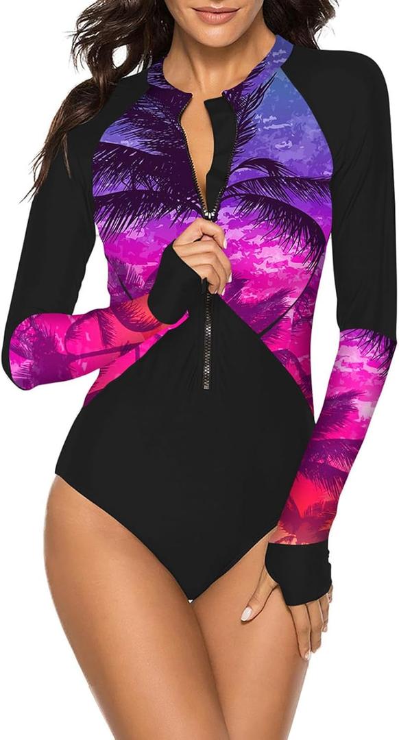 SELINK Women's Long Sleeve Rash Guard UV Protection Zipper Printed Surfing One Piece Swimsuit Bathing Suit Coconut Palm Tree, S SELINK Women's Long Sleeve Rash Guard UV Protection Zipper Printed Surfing One Piece Swimsuit Bathing Suit Coconut Palm Tree, S