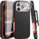 for iPhone 17 Pro Max Case 6.9" with Belt Clip Holster Kickstand, 2 Screen Protector & 2 Camera Lens Protector, Heavy Duty Full Protection Phone Case Cover(Belt Clip,Black+Orange)