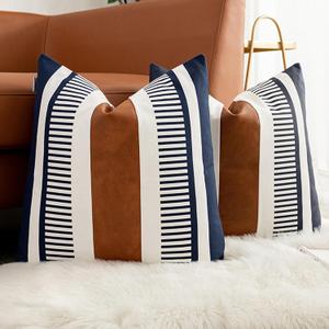 Set of 2 Navy Blue and White Boho Throw Pillow Cover, Faux Leather Modern Couch Pillow Covers 22x22 inch Farmhouse Stripe Pillowcase for Sofa Bedroom Living Room