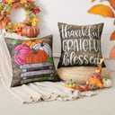 2 x Artscope Fall Decorative Throw Pillow Covers 18x18 Inch Set of 4, Happy Fall Pumpkin Truck Thankful Grateful Blessed Outdoor Farmhouse Pillow Cases for Home Sofa Couch-Pink Brown