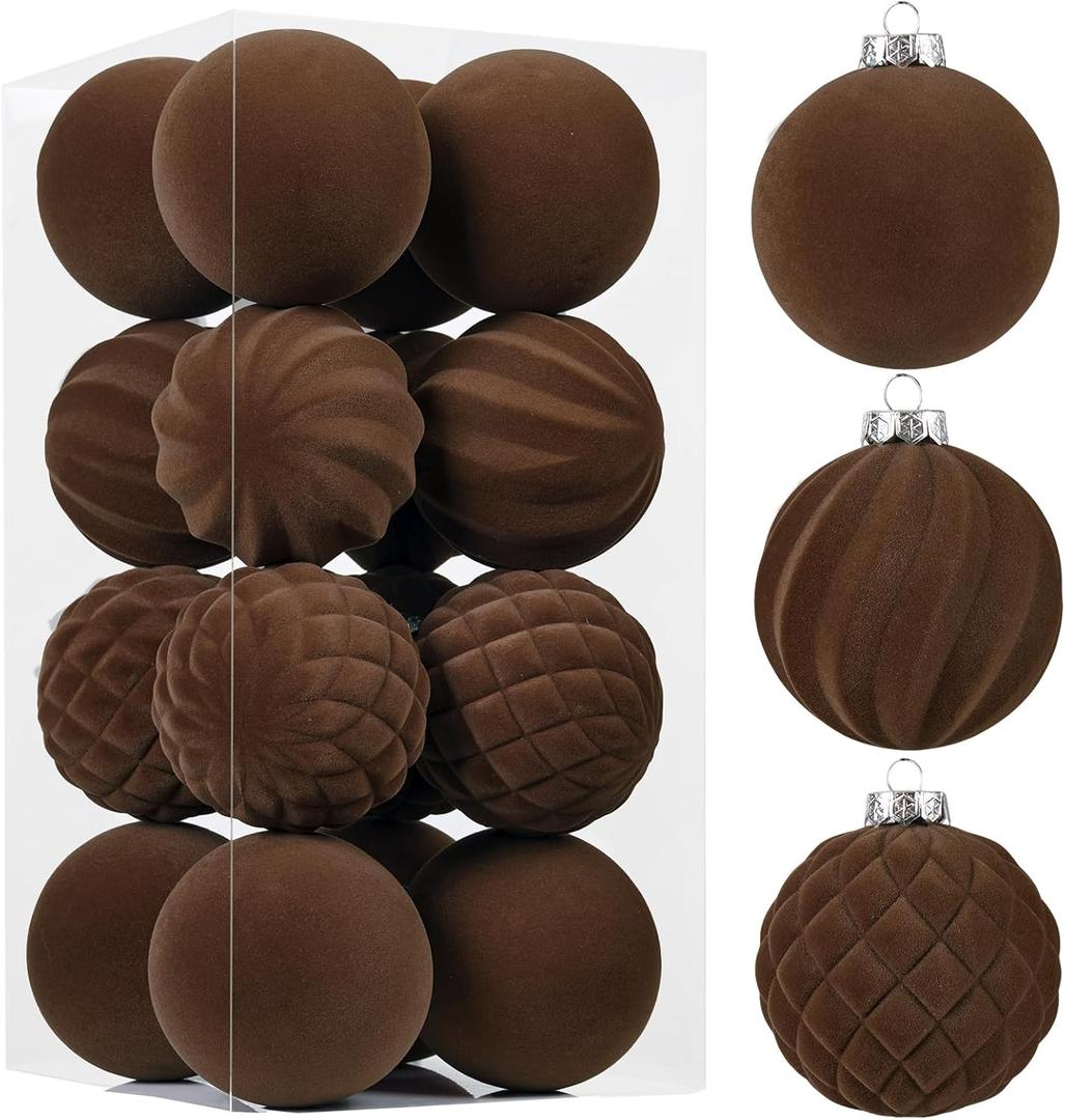 Wironlst Velvet Ornaments for Christmas Tree, 3 Style Flocked Matte Velvet Christmas Ball Ornaments, Shatterproof Decor for Xmas Tree Wedding Holiday Party Home (3.15" 16pcs Coffee)