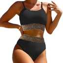 Zuvebamyo Women's High Waisted Swimsuit Two Piece Ribbed Bikini Sets Crop Top High Cut Cheeky Bathing Suits BlackGold L