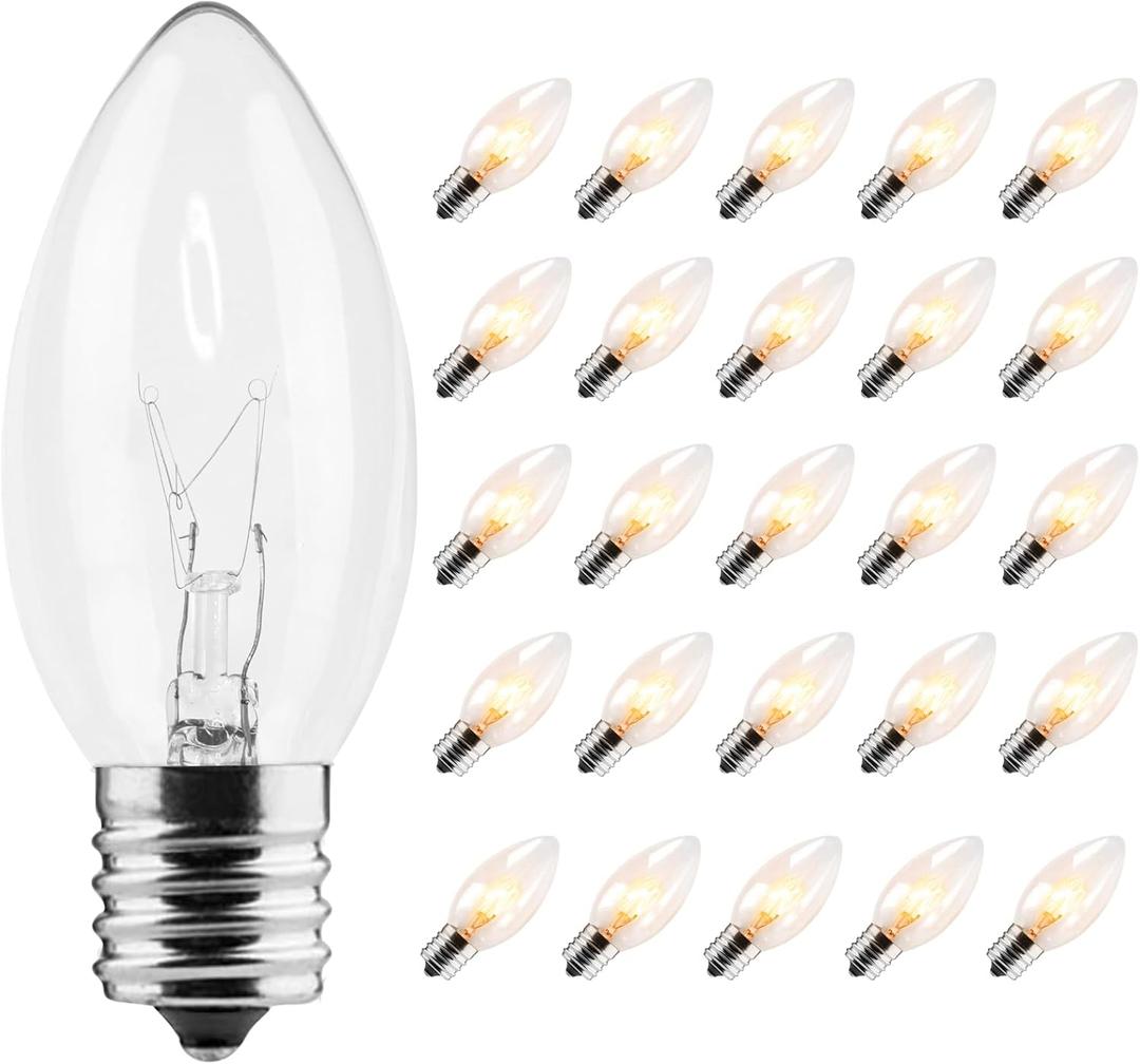 25 Pack C9 Bulbs Clear Replacement Bulbs Incandescent, C9 Christmas Light Bulbs for Christmas String Light, E17 Intermediate Base, 7 Watt, Clear