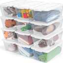 Plastic Storage Bins with Lids, 12 Packs Set, Storage Boxes with Lids and Stackable Shoe Boxes For Organization, Clear Plastic Storage Containers For Closet Home Office, White