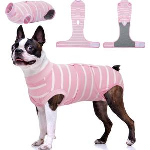 Kuoser Dog Surgery Recovery Suit, Soft Breathable Dog Recovery Suit for Female Spay Male Nueuter, Anti Licking Puppy Onesie Pet Surgical Suit for Dogs Abdominal Wounds Skin Disease, Pink Strips L (Large (Back: 16.1" - 20.1"; Weight: 23 - 48LB))