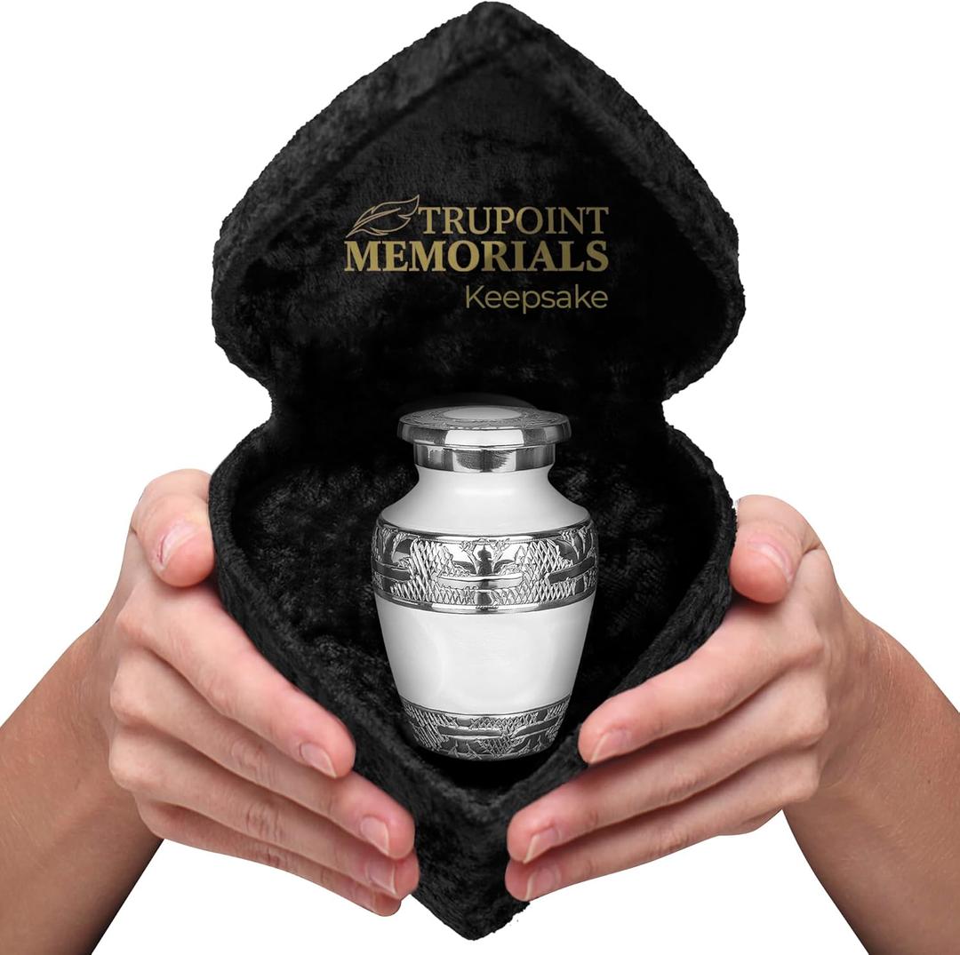 Trupoint Memorials Small Urns for Human Ashes Keepsake, Decorative Mini Cremation Urn for Adult Men and Women, Small White with Velvet Heart Box
