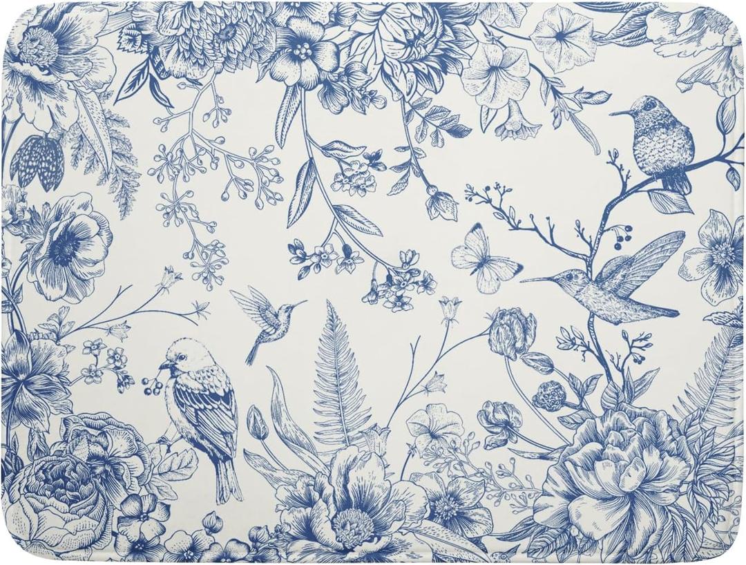 Chinoiserie Flowers Dish Drying Mat for Kitchen Counter, 18x24 Inch Vintage Blue Floral Birds Ultra Absorbent Reversible Dish Drainer Mats Plate Holder (18" x 24", Chinoiserie Flowers)
