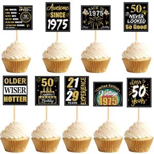 2 x Ercadio 36PCS Happy 50th Birthday Cupcake Toppers Glitter Fifty Vintage 1975 Cake Picks Cheers to 50 Fabulous Older Wiser Hotter Cake Decor for 50th Birthday Wedding Anniversary Party Supplies