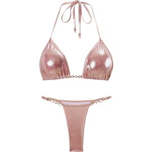 Amy Babe Women's Metallic Triangle Beaded Halter Bikini Sets Brazilian String Thong Two Piece Swimsuit Bathing Suit Set, Size: 2-4