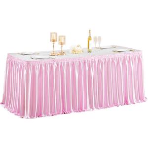 Wish Care 6ft Pink Satin Table Skirt for Rectangle Tables Wrinkle Free Glitter Desk Skirts Pleated Ruffle Table Cloth for Girls Birthday Baby Shower Theme Party Dessert Cake Table Skirting Decorations (72" x 30" (Rectangular))