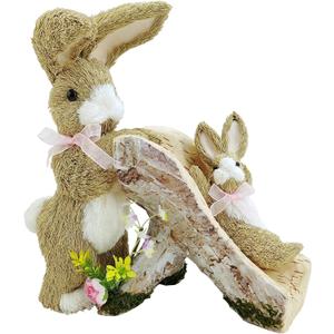 Naturevibe 9.6 Inches Sisal Easter Bunny Decor with Slide,Straw Easter Decorations Bunny Figurine Mom and Baby as Spring Home Decor,Table Centerpieces, Holiday Mantel Decorations or Springtime Gifts