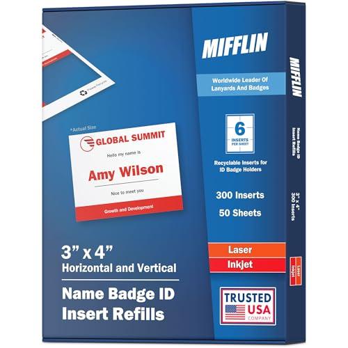 Mifflin-USA Name Badge Inserts,Badge Inserts (50 Sheets), Compatible with Inkjet, Laser Printer, and Printable Sheets
