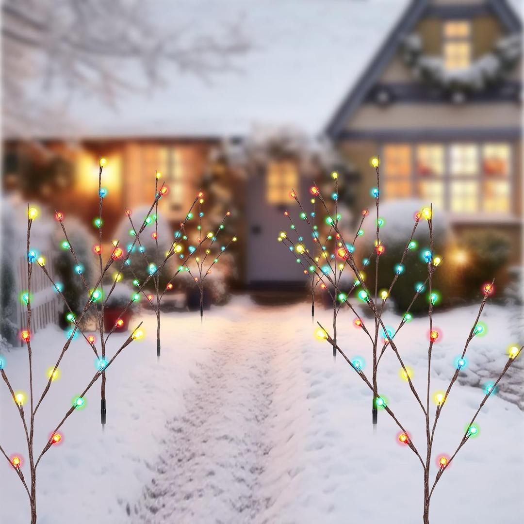 Retisee Garden Christmas Solar Lights - 2 Sets 8 Pcs LED Twig Stake Outdoor Decor - Solar Firefly Christmas Tree Light - 160 LED C6 Fairy Light for Lawn Pathway Xmas Yard Stake