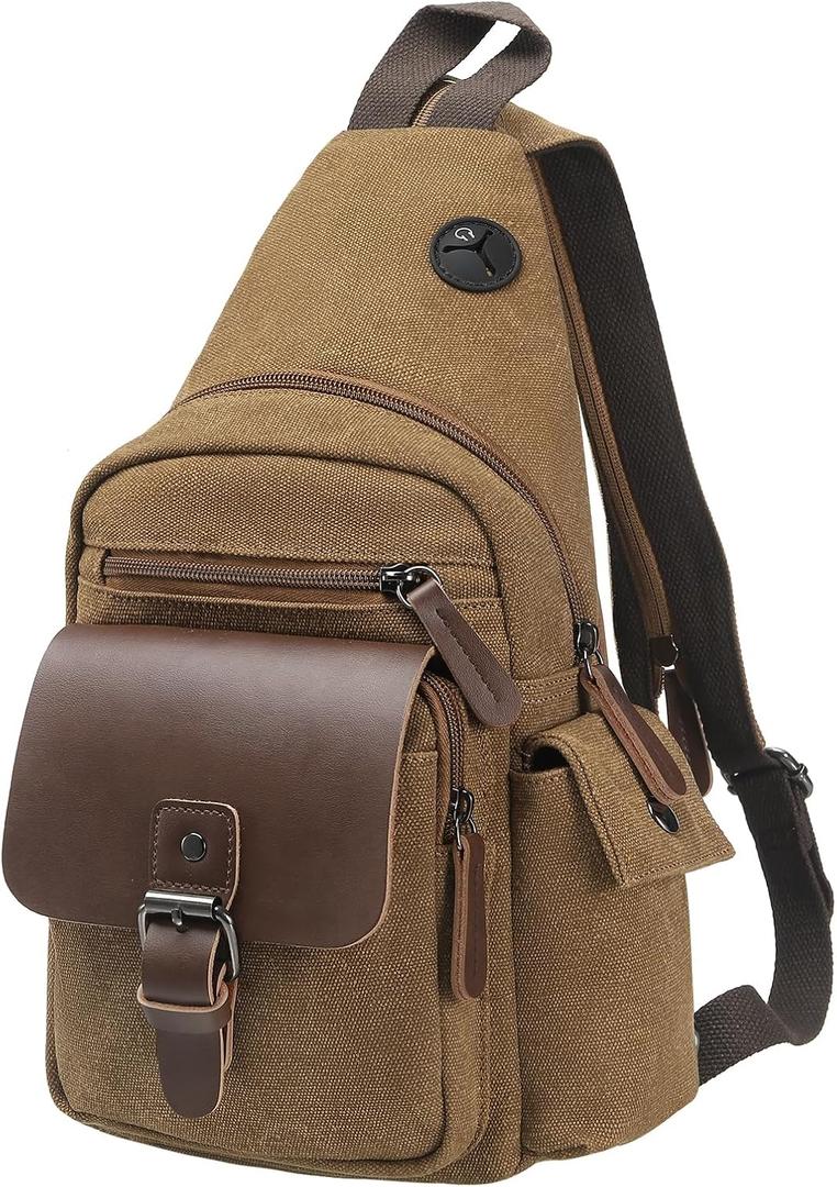 Canvas Sling Bag for Women Men, Convertible Crossbody Backpack with Leather Trim, Vintage Anti-Theft Chest Bag for Travel, Coffee