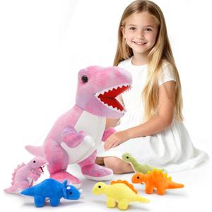 Muiteiur Pink Dinosaur Stuffed Animals, Soft 19.6 inch Dinosaur Stuffed with 5 Cute Babies T-Rex Zippered Belly, Dinosaur Gift Set for Kids Girl Boy