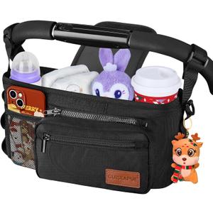 Guiseapue Universal Stroller Organizer with Cup Holder: Baby Essentials, Stroller Caddy Accessories with Detachable Phone Bag, Non-Slip Straps, Fits for Uppababy, Baby Jogger, New Moms Baby Gifts (Black)