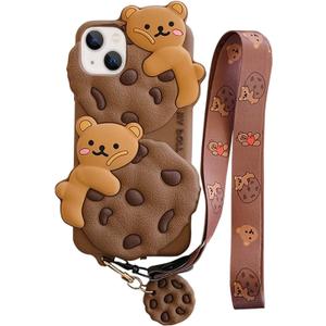 Yatchen Bear Case for iPhone 16,Cute Cookie Bear Kawaii Phone Cases 3D Cartoon Cover with Keychain Strap Lanyard Funny Women Girls Soft Silicone Protector for iPhone 16