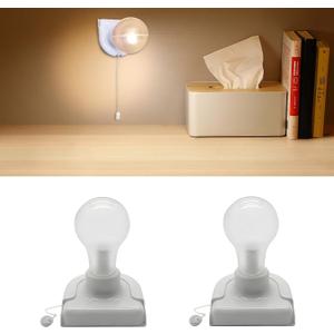 Stick-Up Light Bulb for Closet, 2Pack Battery Operated LED Light Bulb with Pull Chain, Wireless Self Adhesive Wall Mounted Fixtures for Cabinet Bedroom Hallway, Clear Cover, Warm White