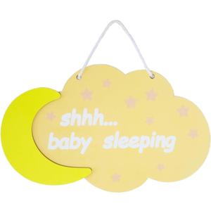 Wooden Baby Sleeping Sign, Cloud and Moon Door Hanger, Nursery Room Decor, Yellow and Beige