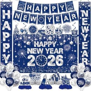 New Years Decorations 2026,Happy New Years Eve Party Supplies Blue and Silver Nye Party Decorations With Backdrop Door Banner Hanging Swirls Honeycomb Balloon