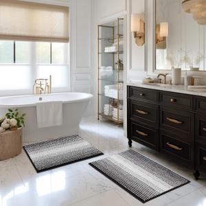 BSICPRO Bathroom Rugs and Mats Sets, 2 Piece Thick Absorbent Chenille Bath Mat Set Non Slip, Soft Shaggy Bath Room Floor Mats , Machine Washable (20" x 32" Plus 16" x 24", Black)