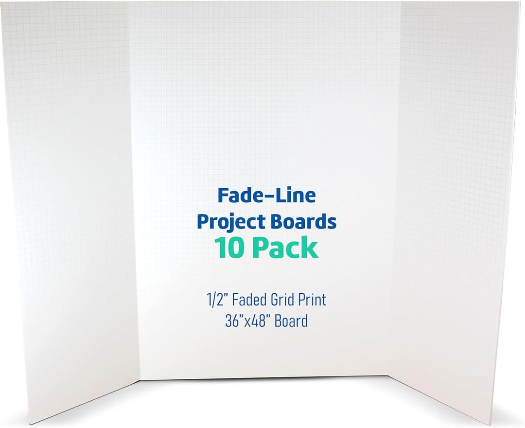 Flipside Products 36 x 48 Fade-Line White Foam Trifold Poster Board, 1/2" Subtle Grid Lines for Alignment & Visual Layouts, Arts, and Crafts, Pack of 10