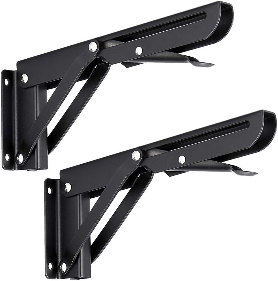 Sumnacon Sturdy Folding Shelf Brackets - Heavy Duty Black Metal Triangle Table Bench Folding Shelf Bracket 8 Inch, 2 Pcs Folding Shelf Hinge Wall Mounted, Max Load 99lb